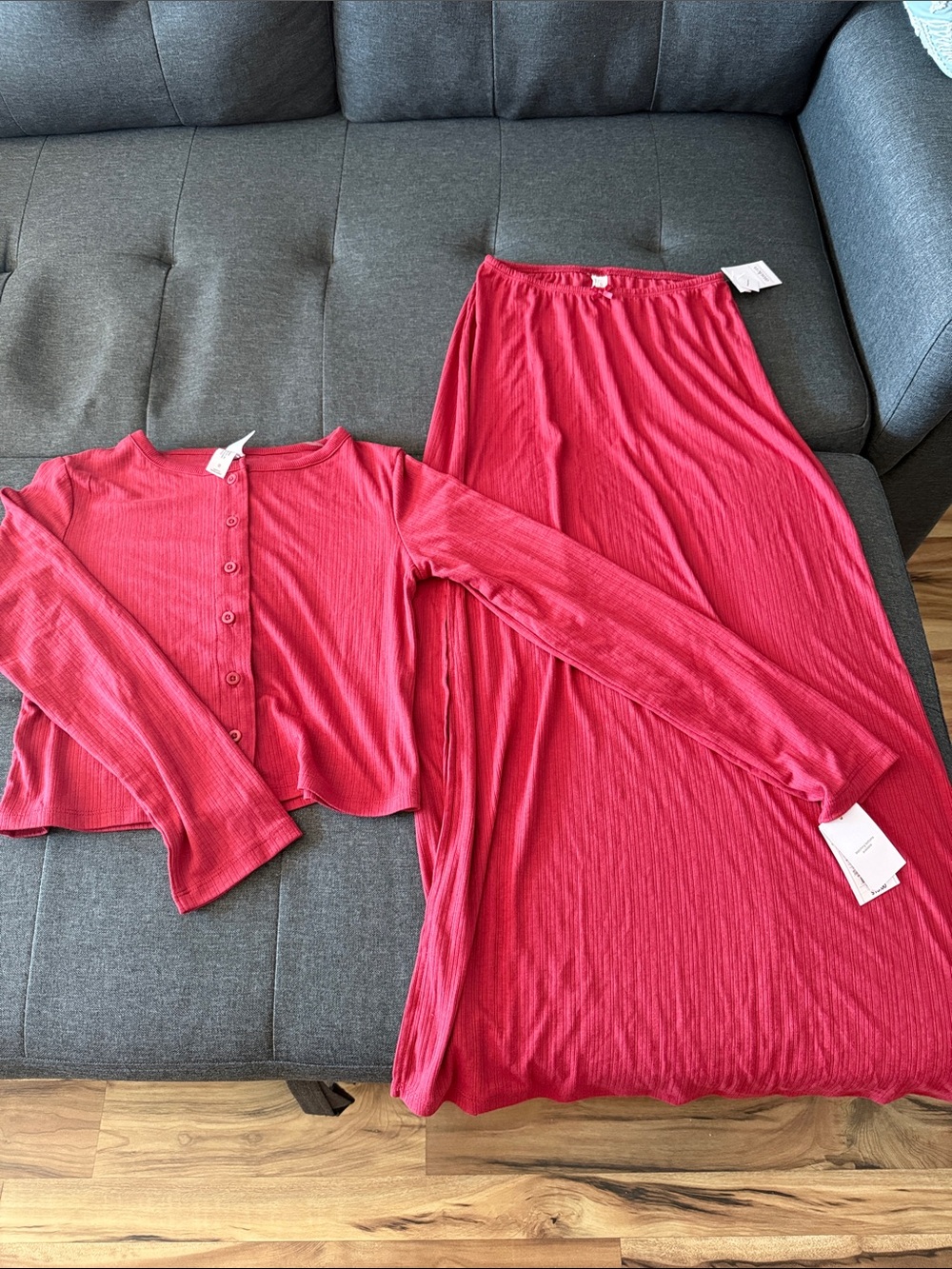 Auden Ribbed Two-Piece Pajama Set in Red